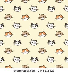 Seamless Pattern of Cartoon Cat Face Design on Light Yellow Background