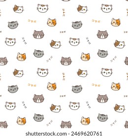 Seamless Pattern with Cartoon Cat Face Design on White Background