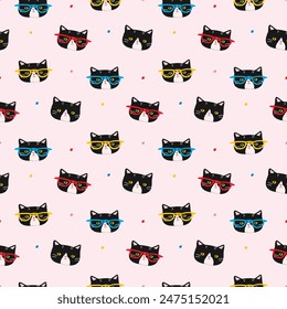 Seamless Pattern with Cartoon Cat Face Design on Light Pink Background