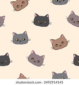 Seamless Pattern with Cartoon Cat Face Design on Beige Color Background