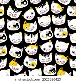 Seamless Pattern with Cartoon Cat Face Design