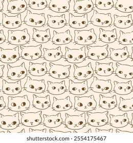 Seamless Pattern with Cartoon Cat Face Doodle Design on Beige Color Background. Hand Drawn Vector Illustration. Not AI Generated.