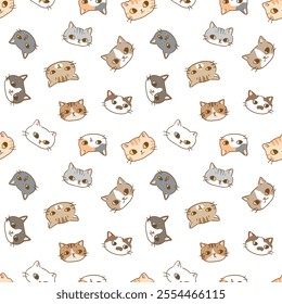 Seamless Pattern with Cartoon Cat Face Design on White Background. Hand Drawn Vector Illustration. Not AI Generated. 