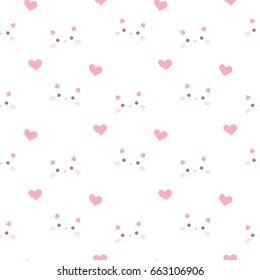 Seamless Pattern of Cartoon Cat Face and Hearts on White Background