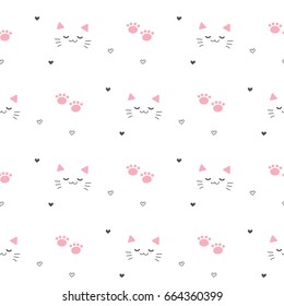 Seamless Pattern of Cartoon Cat Face and Paws on White Background