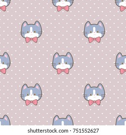 Seamless Pattern of Cartoon Cat Face on Background with Hearts
