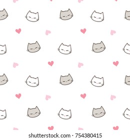 Seamless Pattern of Cartoon Cat Face and Heart Design on White Background