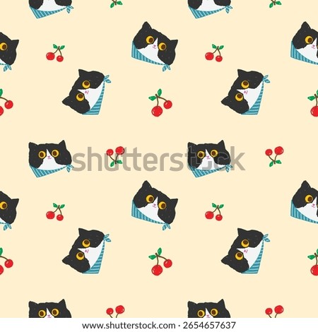 Seamless Pattern with Cartoon Cat Face and Cherry Design on Light Yellow Background. Hand Drawn Vector Illustration. Not AI Generated.