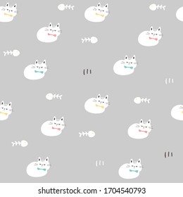 Seamless Pattern with Cartoon Cat and Fish Bone Design on Grey Background