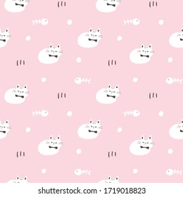 Seamless Pattern with Cartoon Cat and Fish Bone Design on Pink Background