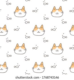 Seamless Pattern with Cartoon Cat and Fish Design on White Background