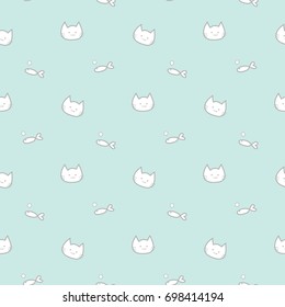Seamless Pattern of Cartoon Cat and Fish Design on Pastel Green Background