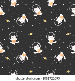 Seamless Pattern of Cartoon Cat Floating in the Space Area with Star Design on Black Background