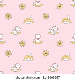 Seamless Pattern of Cartoon Cat and Flower Design on Pink Background with Dots