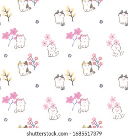 Diseño de gatos y flores sin problemas en fondo blanco
