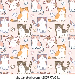 Patrón sin inconvenientes con el diseño de gatos de dibujos animados y flores en fondo rosa claro