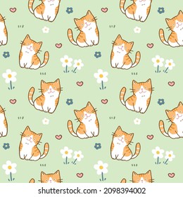 Seamless Pattern with Cartoon Cat, Flower and Heart Design on Light Green Background