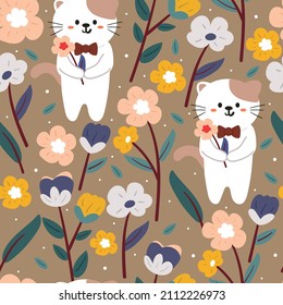seamless pattern cartoon cat and flower. for kids wallpaper, fabric print, gift wrapping paper
