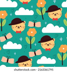 seamless pattern cartoon cat and flower. cute animal wallpaper