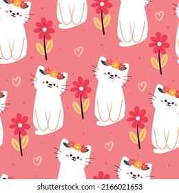 seamless pattern cartoon cat and flower in pink background. cute wallpaper