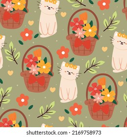dibujo de dibujos animados sin fisuras y cesta de flores. papel pintado lindo para textil, papel de envoltura de regalo