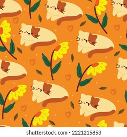 seamless pattern cartoon cat and flower. cute animal wallpaper for textile, gift wrap paper