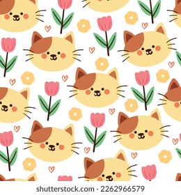 seamless pattern cartoon cat and flower. cute animal wallpaper for textile, gift wrap paper