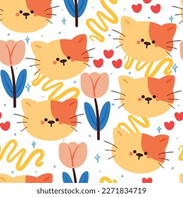 dibujos animados sin fisuras en gatos y flores. papel tapiz de animal lindo para textiles, papel de envoltura de regalo
