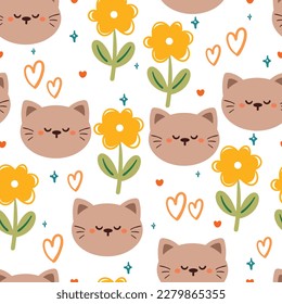 seamless pattern cartoon cat and flower. cute animal wallpaper for textile, gift wrap paper