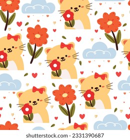 dibujos animados sin fisuras en gatos y flores. papel tapiz de animal lindo para textiles, papel de envoltura de regalo