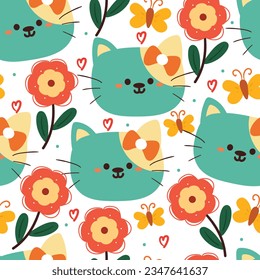 seamless pattern cartoon cat and flower. cute animal wallpaper for textile, gift wrap paper