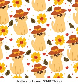 seamless pattern cartoon cat and flower. cute animal wallpaper for textile, gift wrap paper