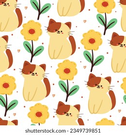 seamless pattern cartoon cat and flower. cute animal wallpaper for textile, gift wrap paper
