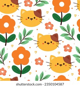 seamless pattern cartoon cat and flower. cute animal wallpaper for textile, gift wrap paper