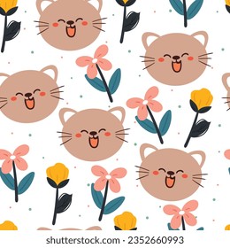 seamless pattern cartoon cat and flower. cute animal wallpaper for textile, gift wrap paper