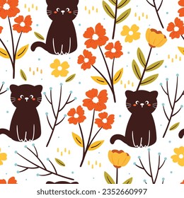 seamless pattern cartoon cat and flower. cute animal wallpaper for textile, gift wrap paper