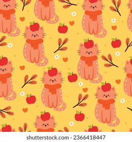 seamless pattern cartoon cat, flower, leaves and autumn vibes element. cute autumn wallpaper for holiday. design for fabric, flat design, gift wrap paper