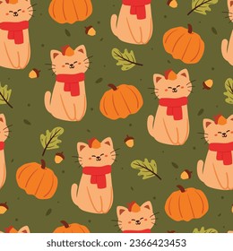 seamless pattern cartoon cat, flower, leaves and autumn vibes element. cute autumn wallpaper for holiday. design for fabric, flat design, gift wrap paper 