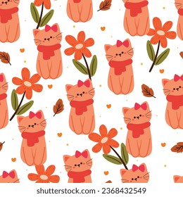 seamless pattern cartoon cat and flower. cute animal wallpaper for textile, gift wrap paper