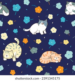 Seamless Pattern with Cartoon Cat and Flower Design on Dark Blue Background