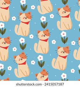 seamless pattern cartoon cat and flower. cute animal wallpaper for textile, gift wrap paper