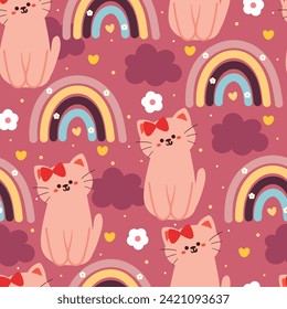 seamless pattern cartoon cat with flower and sky element. cute animal wallpaper for textile, gift wrap paper