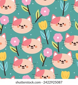 seamless pattern cartoon cat and flower. cute animal wallpaper for textile, gift wrap paper
