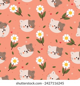 patrón sin fisuras de dibujos animados de gato y flor. lindo papel pintado animal para textil, papel de regalo