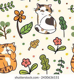 Seamless Pattern of Cartoon Cat, Flower and Leaf Design on Light Yellow Background