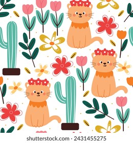 patrón sin fisuras de dibujos animados de gato y flor y planta. lindo papel pintado animal para textil, papel de regalo
