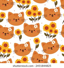 seamless pattern cartoon cat and flower. cute animal wallpaper for textile, gift wrap paper