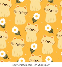 seamless pattern cartoon cat and flower. cute animal wallpaper for textile, gift wrap paper