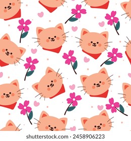 seamless pattern cartoon cat and flower. cute animal wallpaper for textile, gift wrap paper