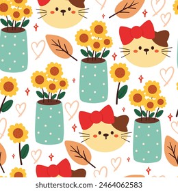 seamless pattern cartoon cat and flower. cute animal wallpaper for textile, gift wrap paper